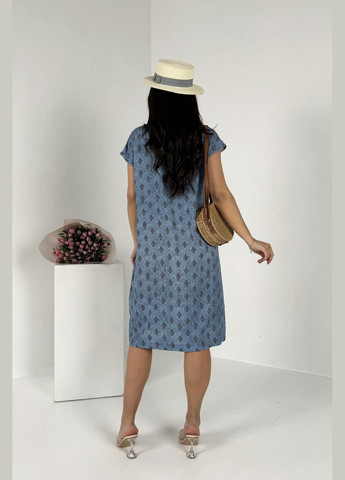 Синее повседневный, кэжуал практическое и удобное летнее платье длины меди из штапеля платье-футболка INNOE с геометрическим узором