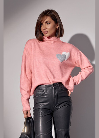 Рожевий зимовий в'язаний светр із двома сердечками 6800 Lurex