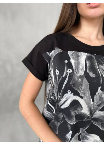 Футболка черная принт Флорал Verena Design - (360983924)