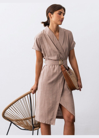 Бежевое кэжуал бежевое платье с запахом и поясом Dressa однотонное