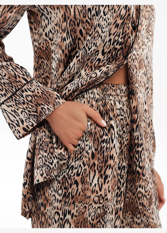 Коричнева всесезон піжамний комплект сорочка з довгим рукавом та штани, принт леопард сорочка + брюки German Volf