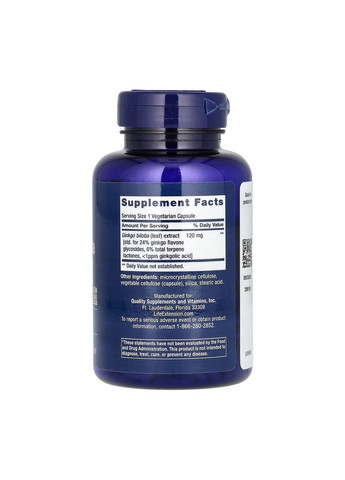 Екстракт гінкго білоба для мозку 120 мг 365 капсул без ГМО Life Extension (367956632)