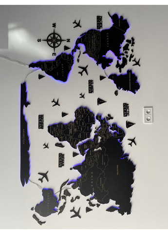 Деревянное панно на подарок Карта Мира с гравировкой "Черное дерево" с RGB подсветкой 200х120 см Decart (360613378)