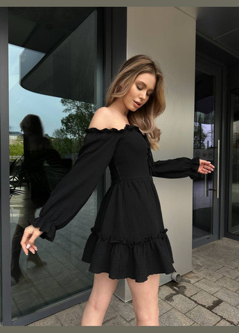 Черное повседневный мини платье из муслина Adelante однотонное