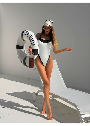 Білий літній жіночий літній білий суцільний купальник із чорним кантом No Brand