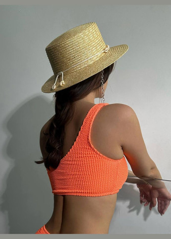 Літній солом'яний капелюх канотьє з ланцюгом та мушлями PALMA (поля 7 см, срібло) No Brand (293943133)