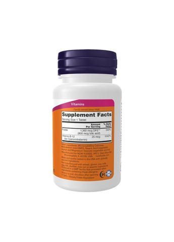 Фолієва кислота і В12 Folic Acid Vitamin B-12 250 таблеток Now Foods (361115357)