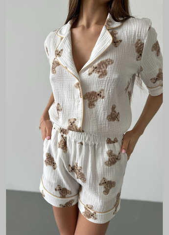 Белая всесезон пижамный муслиновый комплект рубашки и шорты, принт мишки рубашка + шорты German Volf