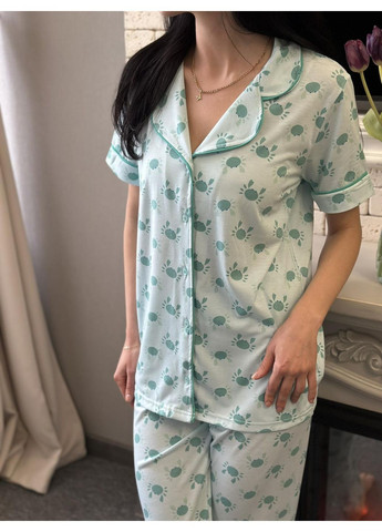 Блакитна всесезон жіноча піжама "crabby mood" сорочка + брюки Leyla