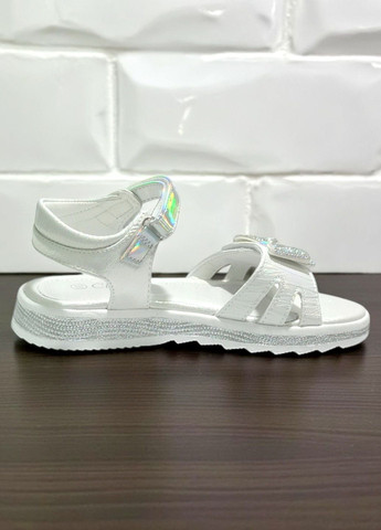 Белые открытые босоножки для девочки сандалии на липучках Clibee со стразами, с бантом