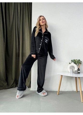 Черная всесезон пижама из турецкого велюра с вышивкой — замеры в описании рубашка + брюки DK/DL Мода без кордонів