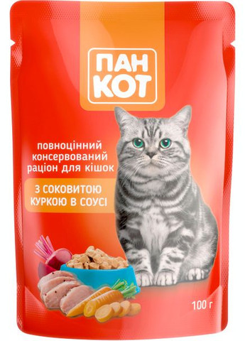 Вологий корм для кішок Пан Кіт Курка в соусі 100 г (4820111140985) Пан Кот (279570178)