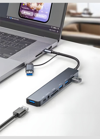 USB Type-C хаб концентратор 8 в 1 SD TF USB 3.0 2.0 3.5 мм Aux з перехідником No Brand (327400539)