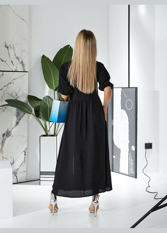 Черное черное платье миди из легкой ткани жатка-лен. модель с рукавом-фонариком и эффектным v-образным вырезом на груди No Brand