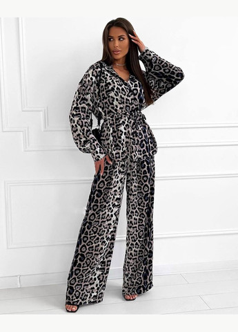 Приємний до тіла леопардовий костюм двійка з поясом (сорочка+штани) з натурального штапеля, красивий трендовий костюм 2-ка No Brand 1148-1 (301066475)