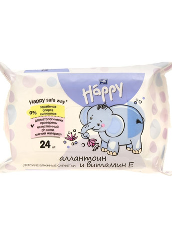 Вологі серветки з вітаміном Е, 24 шт Happy Vit E & Allantoin 24шт (150029-25357) Bella Baby (365821724)