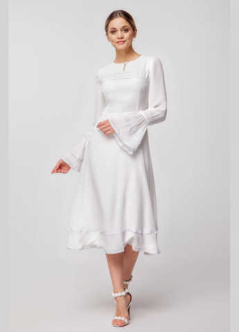 Молочное праздничный, коктейльное белое шифоновое платье миди клеш, а-силуэт Nai Lu-na by Anastasiia Ivanova однотонное