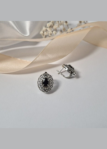 Срібні сережки Овал із Чорним Каменем срібло 925 проби чорнене 72550ч 5.76г No Brand (306741506)