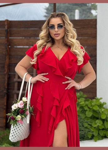 Красное повседневный, праздничный, коктейльное, вечернее длинное платье с оборками на запах Україна