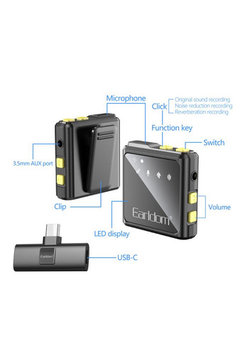 Бездротовий петличний мікрофон ET-MC10C з USB Type-C Earldom (337114264)