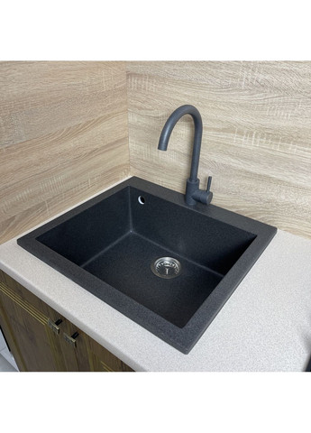 Набор кухонный Univer, искусственный камень, квадрат, без крыла, 560х500х200мм, чаша – 1, врезная, графит + смеситель Adamant (371632959)