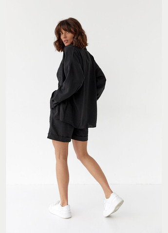 Женский хлопковый костюм с рубашкой и шортами - черный цвет L (sku_9341) No Brand (327819379)