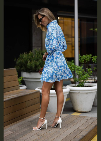 Блакитна кежуал сукня-сорочка з візерунком та поясом сукня-сорочка MonCher