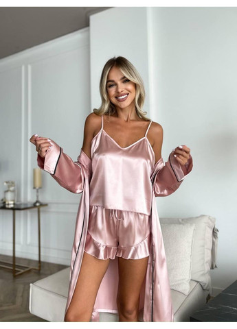 Рожева жіноча піжама з шовку армані рожевого кольору з халатом / комплект жіночий шовковий: топ, шорти та халат No Brand