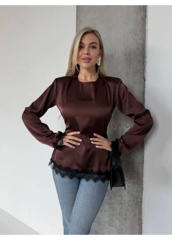 Кофта жіноча класична з мереживом коричневого кольору 37406 No Brand (385491235)