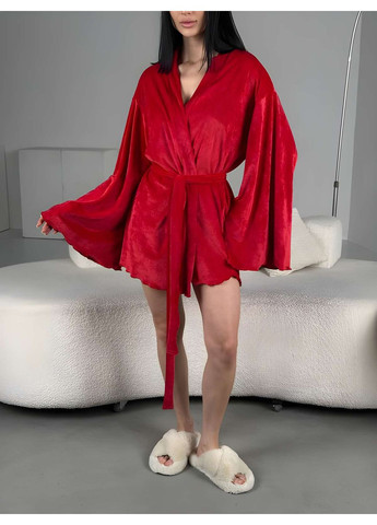 Жіночий короткий велюровий халат міні кімоно із широкими рукавами персиковий Україна (371372779)