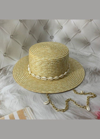 Летняя соломенная шляпа канотье с цепью и ракушками PALMA (поля 7 см, золото) No Brand (293943136)