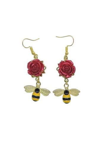 Сережки сережки гачок (петля) Бджілки на червоній Троянді 5.5 см золотисті довгі сережки Liresmina Jewelry (289479230)