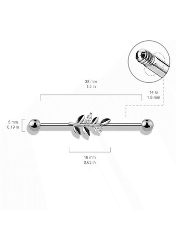 Штанга из стали BI78-C для пирсинга уха, хеликса, индастриала, (1.6мм, 38мм) Spikes (333698407)