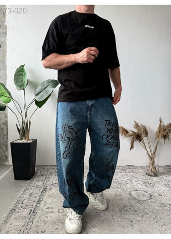 Синие демисезонные джинсы мужские багги с принтом дтф No Brand