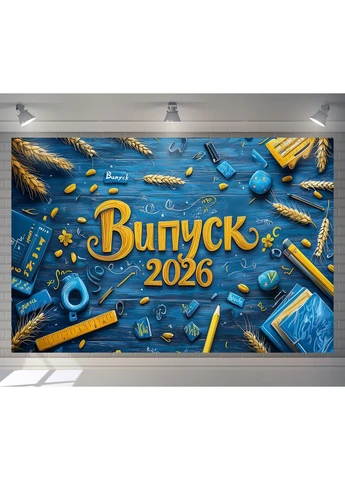 Банер для фотозони Випуск 2026 синя дерев'яна текстура з колоссям та шкільним приладдям 180x120см, №41310 Vinylpex (360979441)