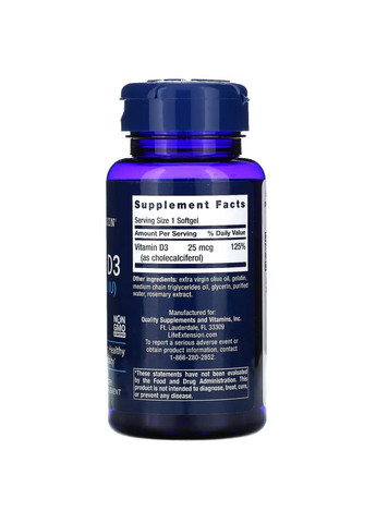 Вітаміни та мінерали Vitamin D3 1000 IU, 250 капсул Life Extension (315874118)