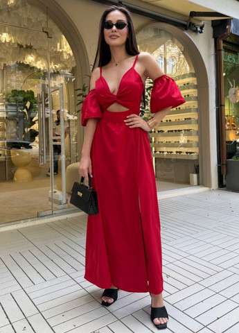 Красное вечернее изысканное легкое летнее вечернее макси платье на бретельках с вырезом и рукавами воланами Tik-Tak однотонное