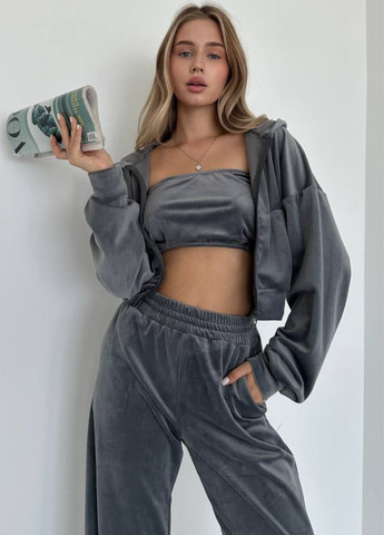 Велюровий повсякденний костюм трійка: вкорочений худі + топ + штани Tik-Tak (322677775)