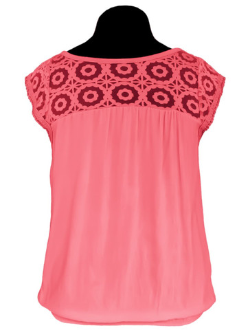 Коралловая блузка женская летняя вискозная с коротким рукавом и кружевом коралл free size No Brand