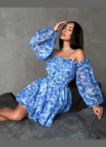 Голубое голубое летнее платье в цветочном принте из качественного софта с длинным рукавом, вечернее короткое платье с открытым декольте No Brand