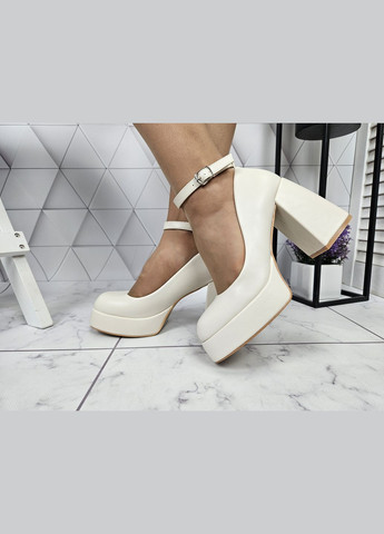 No Brand Туфли бежевые на широком каблуке с платформой с ремешком застежкой бежевый з, — (334278786)