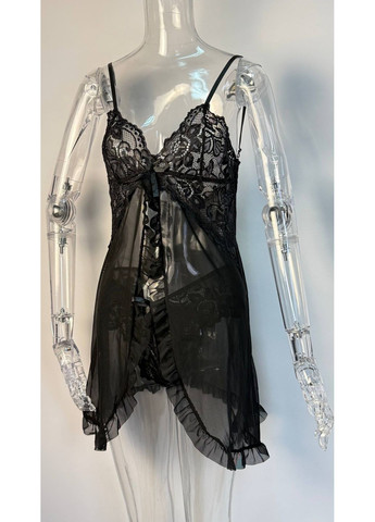 Спокусливий напівпрозорий мереживний пеньюар Rossi з застібкою на спині бразильки в комплекті чорний No Brand Пеньюар Rossi (324235173)