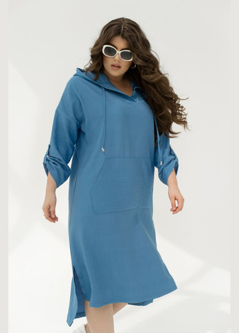 Голубое повседневный льняное платье платье-худи No Brand однотонное