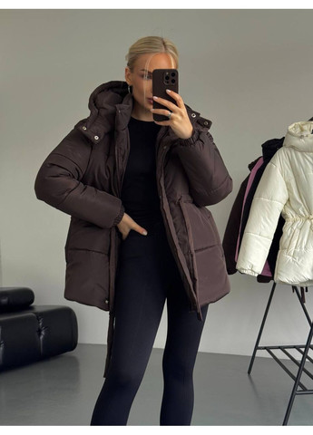 Коричневая зимняя женская теплая пуховая куртка с капюшоном No Brand