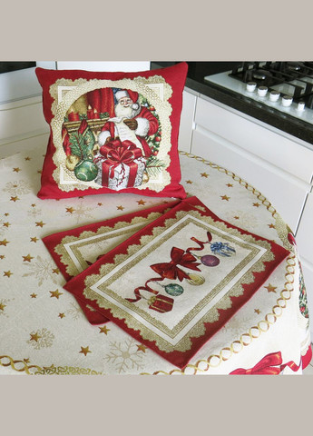 Новорічні серветки під тарілки, гобеленові підтарільники червоні з люрексом Дарунок від Санти набір з 2 серветок. Maystat (305391012)