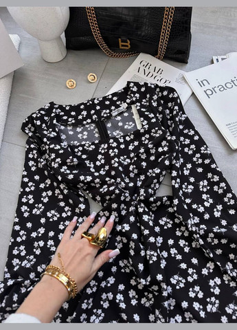 Черное повседневный мини платье с цветочным принтом с пышной юбкой Adelante с цветочным принтом