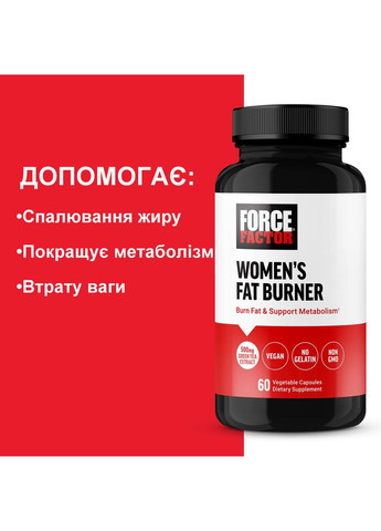 Біокомплекс Women's Fat Burner для спалювання жиру, для жінок, 60 рослинних капсул. Force Factor (372689818)