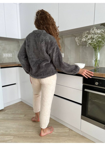 Серая женская махровая пижама двойка серо-бежевая лонгслив + брюки No Brand піжама