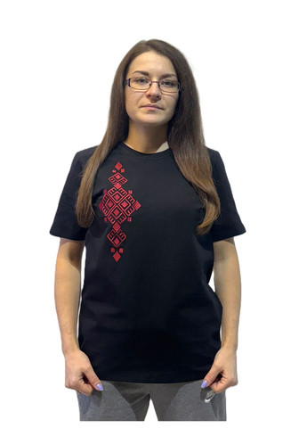 Чёрная женская футболка вышитая ромб НоКо узор орнамент свободная, прямой хлопок (316649471)
