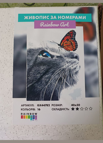 Картини за номерами коти Картини в цифрах Тварини 40х50 Картина-розфарбування по номерах Кішка з метеликом GX44782 Rainbow Art (308989206)